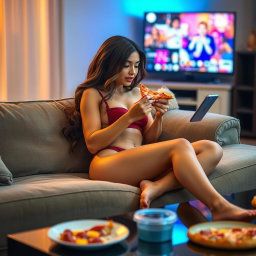 A sexy girl lounging on a plush couch, indulging in a slice of pizza while watching TV and checking her phone