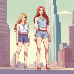 A high-resolution digital art piece showcasing a petite blonde woman in a tie-up crop top, shorts, and necklace standing next to a towering red-haired woman in casual wear