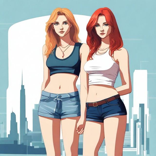 A high-resolution digital art piece showcasing a petite blonde woman in a tie-up crop top, shorts, and necklace standing next to a towering red-haired woman in casual wear