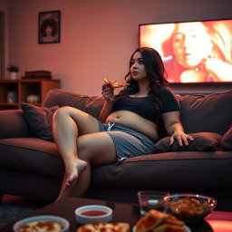 A sexy girl with thick legs and a pot belly lounging on a comfortable couch, enjoying a slice of pizza while watching TV