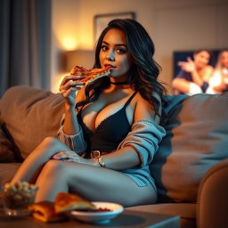 A sexy hourglass-shaped girl comfortably seated on a plush couch, enjoying a slice of pizza while watching TV