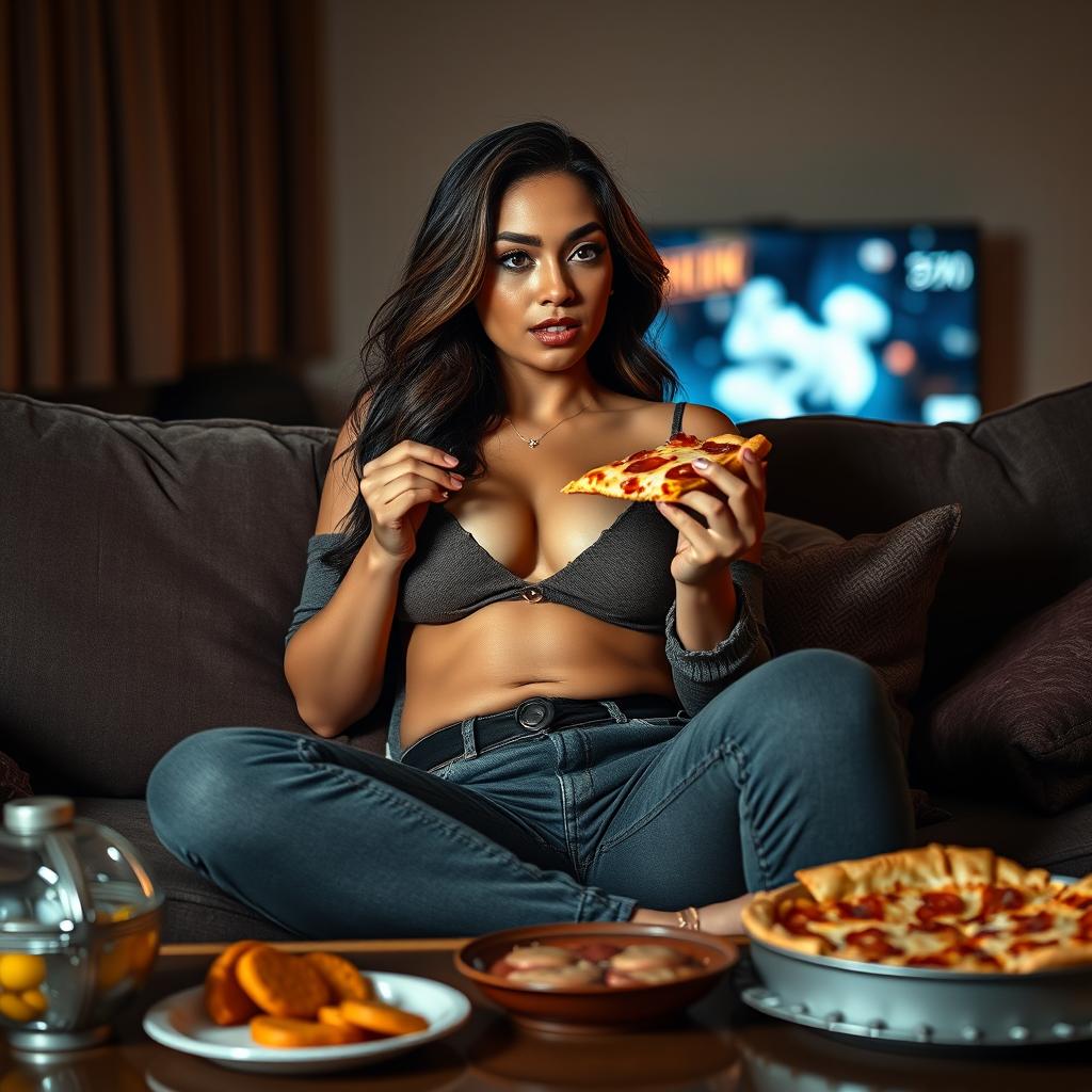 A sexy hourglass-shaped girl comfortably seated on a plush couch, enjoying a slice of pizza while watching TV