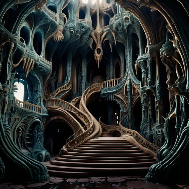 A hyper-realistic 3D cinema photograph of the interior of an ancient alien castle, showcasing the magnificent alien architecture