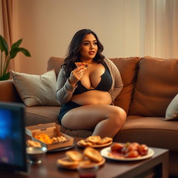 A sexy hourglass-shaped curvy girl sitting comfortably on a plush couch, savoring a slice of pizza while watching TV