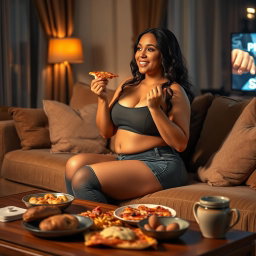 A sexy hourglass-shaped curvy girl sitting comfortably on a plush couch, savoring a slice of pizza while watching TV