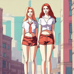 A high-resolution digital art piece showcasing a petite blonde woman in a tie-up crop top, shorts, and necklace standing next to a towering red-haired woman in casual wear