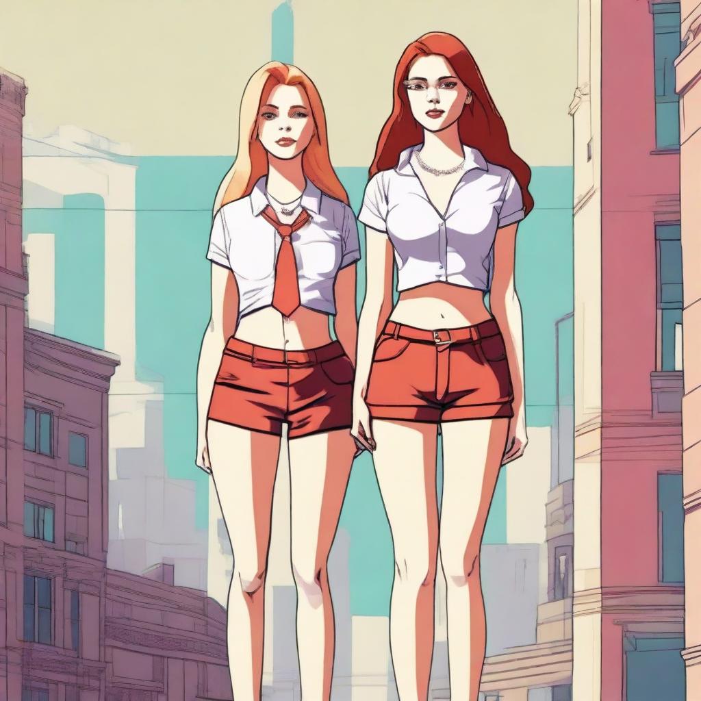 A high-resolution digital art piece showcasing a petite blonde woman in a tie-up crop top, shorts, and necklace standing next to a towering red-haired woman in casual wear