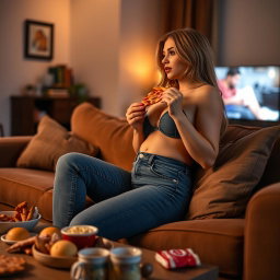 A sexy hourglass-shaped girl in stylish jeans, comfortably seated on a plush couch, enjoying a slice of pizza while watching TV