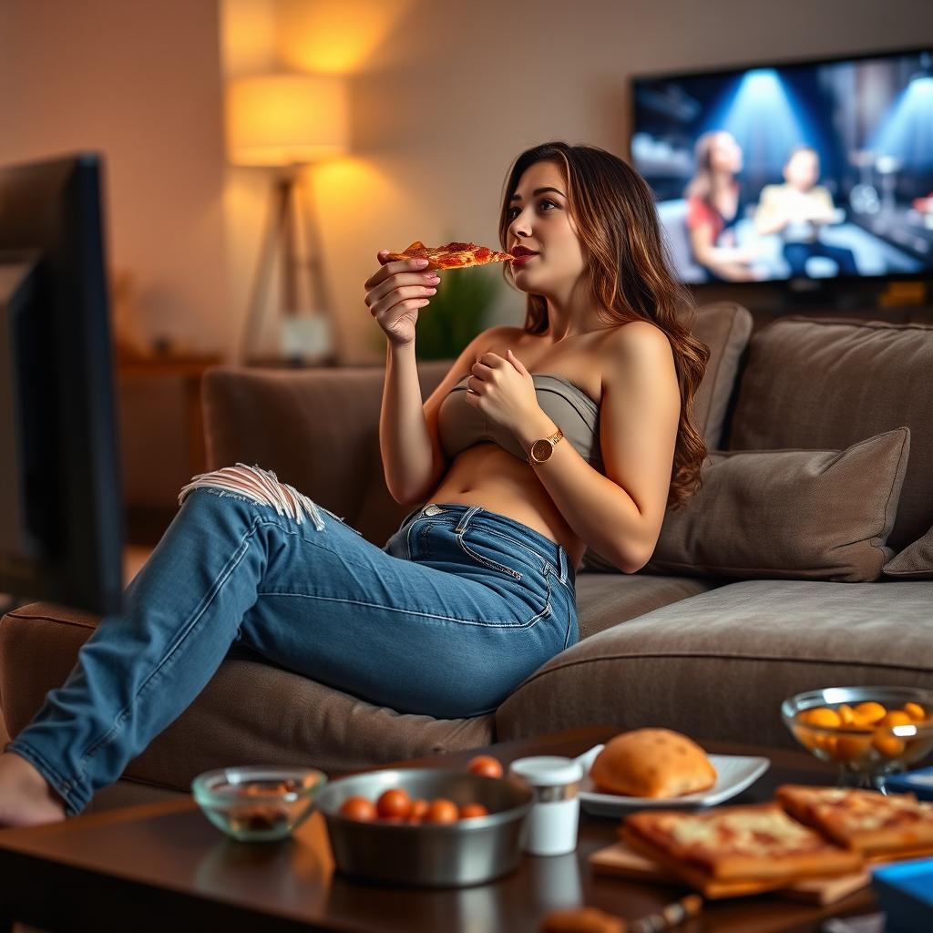 A sexy hourglass-shaped girl in stylish jeans, comfortably seated on a plush couch, enjoying a slice of pizza while watching TV