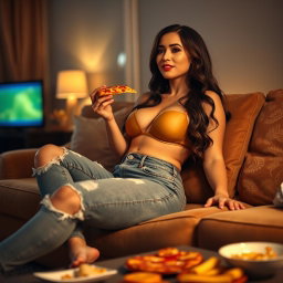 A sexy hourglass-shaped girl in stylish jeans, comfortably seated on a plush couch, enjoying a slice of pizza while watching TV