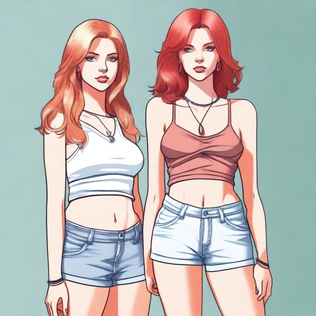 A high-resolution digital art piece showcasing a petite blonde woman in a tie-up crop top, shorts, and necklace standing next to a towering red-haired woman in casual wear