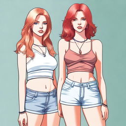 A high-resolution digital art piece showcasing a petite blonde woman in a tie-up crop top, shorts, and necklace standing next to a towering red-haired woman in casual wear