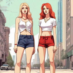 A high-resolution digital art piece showcasing a petite blonde woman in a tie-up crop top, shorts, and necklace standing next to a towering red-haired woman in casual wear