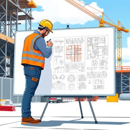 An illustration of a construction worker in a hard hat, focused and diligently working on a large whiteboard