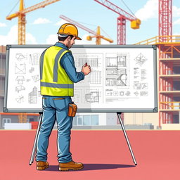 An illustration of a construction worker in a hard hat, focused and diligently working on a large whiteboard