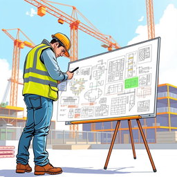 An illustration of a construction worker in a hard hat, focused and diligently working on a large whiteboard