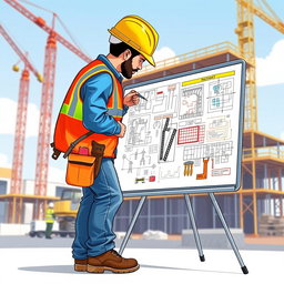 An illustration of a construction worker in a hard hat, focused and diligently working on a large whiteboard