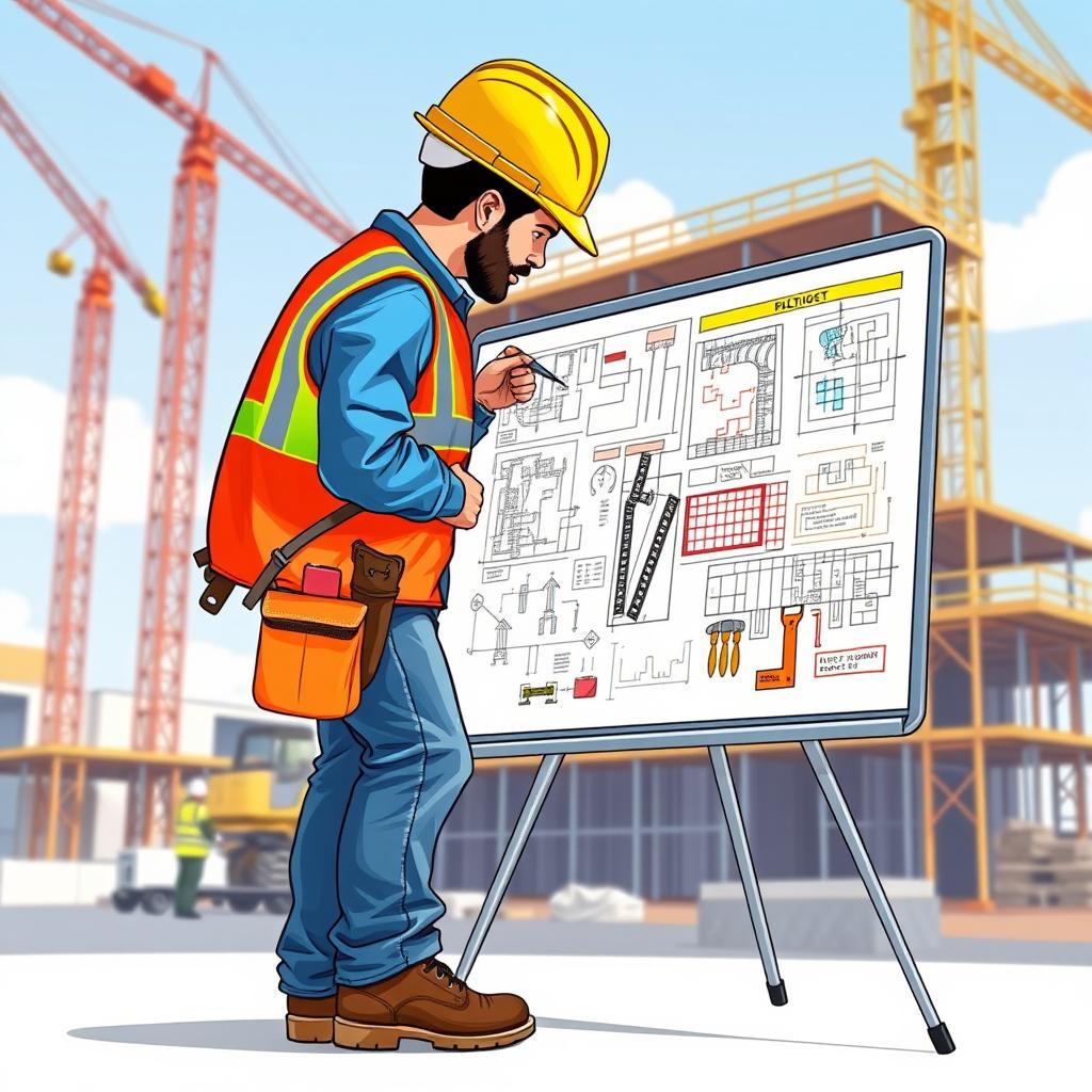 An illustration of a construction worker in a hard hat, focused and diligently working on a large whiteboard