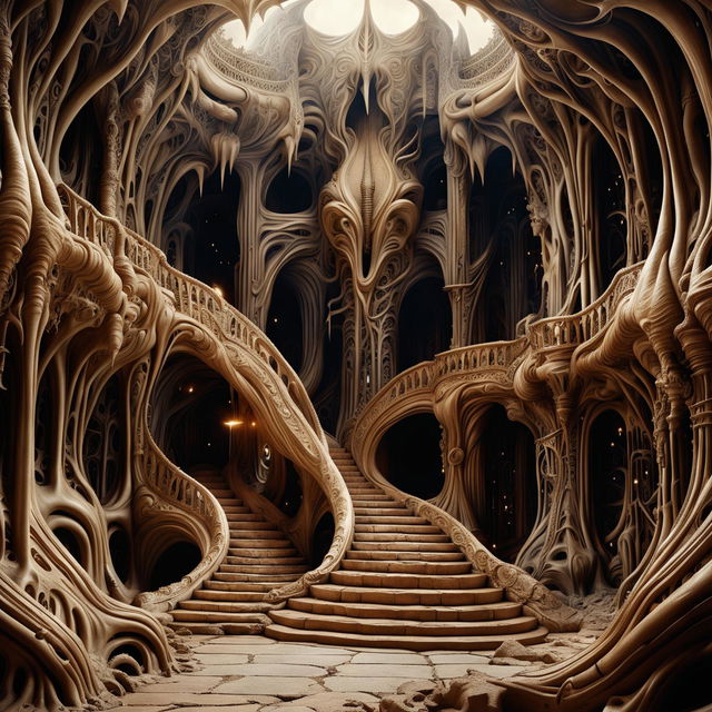 A more realistic hyper-realistic 3D cinema photograph of the interior of an ancient alien castle, showcasing the magnificent alien architecture