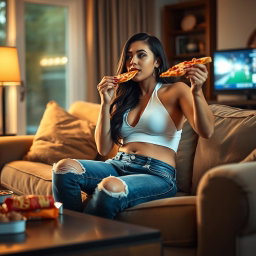 A sexy hourglass-shaped girl in unbuttoned jeans and a white halter bra, comfortably lounging on a plush couch while indulging in a slice of pizza and watching TV