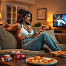 A sexy hourglass-shaped girl in unbuttoned jeans and a white halter bra, comfortably lounging on a plush couch while indulging in a slice of pizza and watching TV