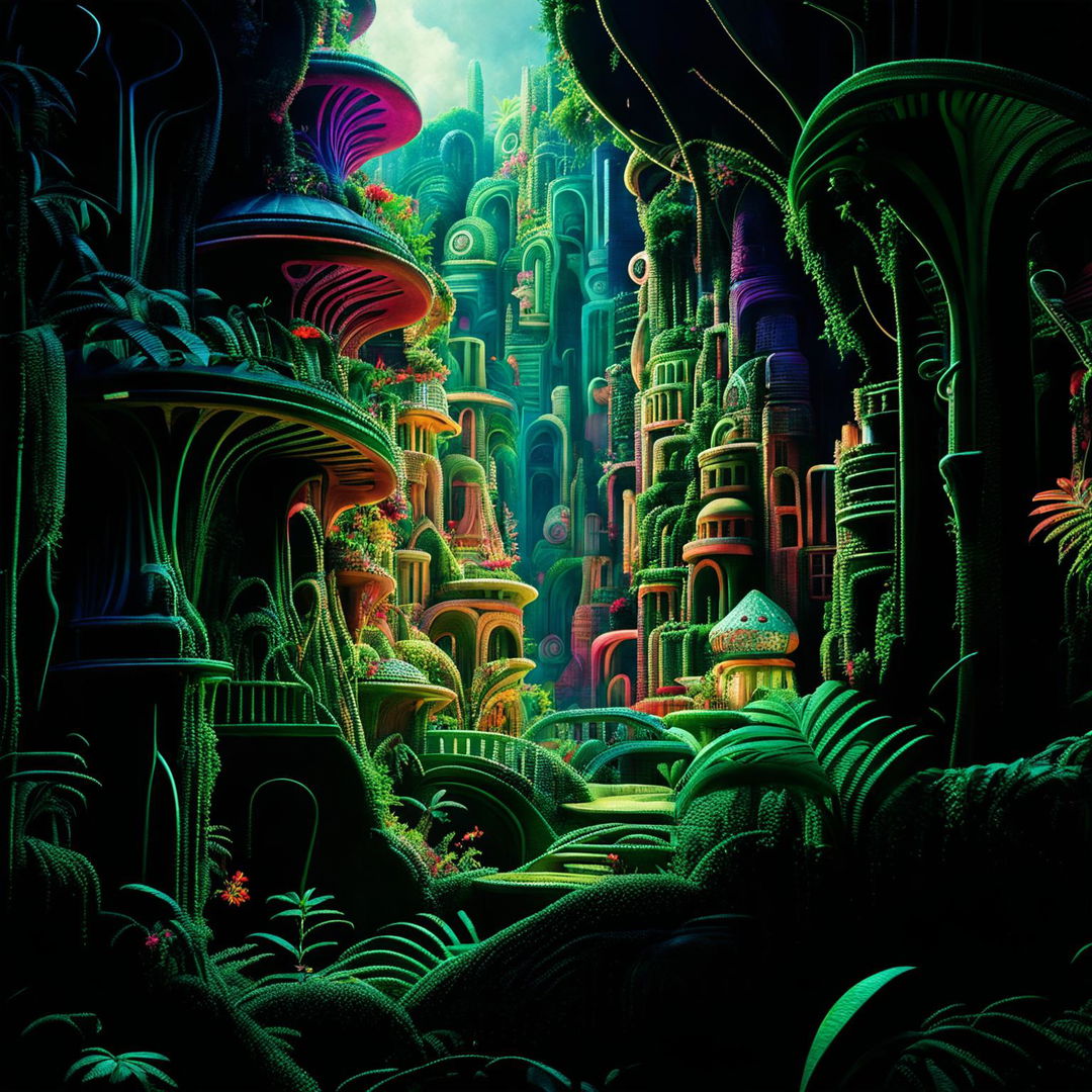 This is a hyper-realistic 3D cinema photograph of a vibrant ancient alien city nestled in an overgrown jungle