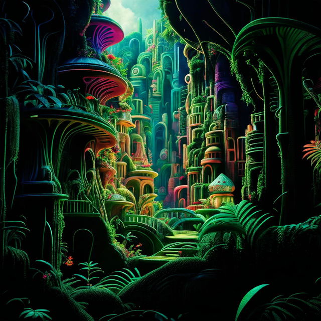 This is a hyper-realistic 3D cinema photograph of a vibrant ancient alien city nestled in an overgrown jungle