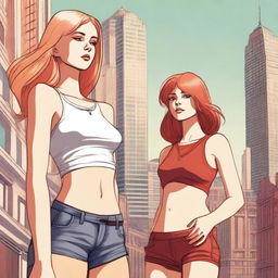 A high-resolution digital art piece showcasing a petite blonde woman in a tie-up crop top, shorts, and necklace looking up at a towering red-haired woman in casual wear standing next to her