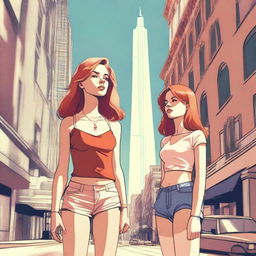 A high-resolution digital art piece showcasing a petite blonde woman in a tie-up crop top, shorts, and necklace looking up at a towering red-haired woman in casual wear standing next to her