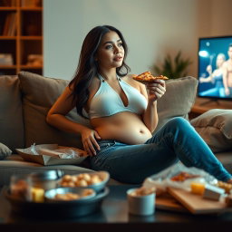 A sexy hourglass-shaped girl with a fleshy belly gently spilling out of unbuttoned, unzipped jeans, wearing a chic white halter bra, sitting comfortably on a plush couch