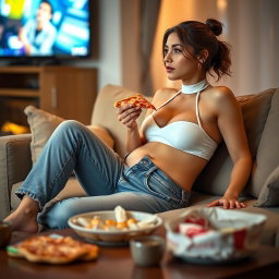 A sexy hourglass-shaped girl with a fleshy belly gently spilling out of unbuttoned, unzipped jeans, wearing a chic white halter bra, sitting comfortably on a plush couch