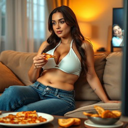 A sexy hourglass-shaped girl with a fleshy belly gently spilling out of unbuttoned, unzipped jeans, wearing a chic white halter bra, sitting comfortably on a plush couch