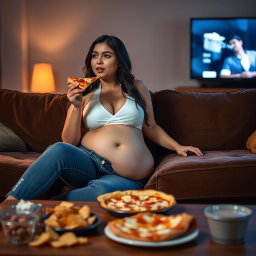 A sexy hourglass-shaped girl with a fleshy pot belly gently spilling out of unzipped jeans and a chic white halter bra, sitting comfortably on a plush couch