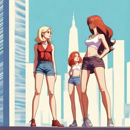 A high-resolution digital art piece showcasing a petite blonde woman in a tie-up crop top, shorts, and necklace looking up at a towering red-haired woman in casual wear standing next to her