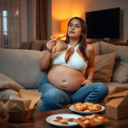 A sexy hourglass-shaped girl with a fleshy pot belly gently spilling out of unzipped jeans and a chic white halter bra, sitting comfortably on a plush couch