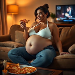 A sexy hourglass-shaped girl with a fleshy pot belly gently spilling out of unzipped jeans and a chic white halter bra, sitting comfortably on a plush couch