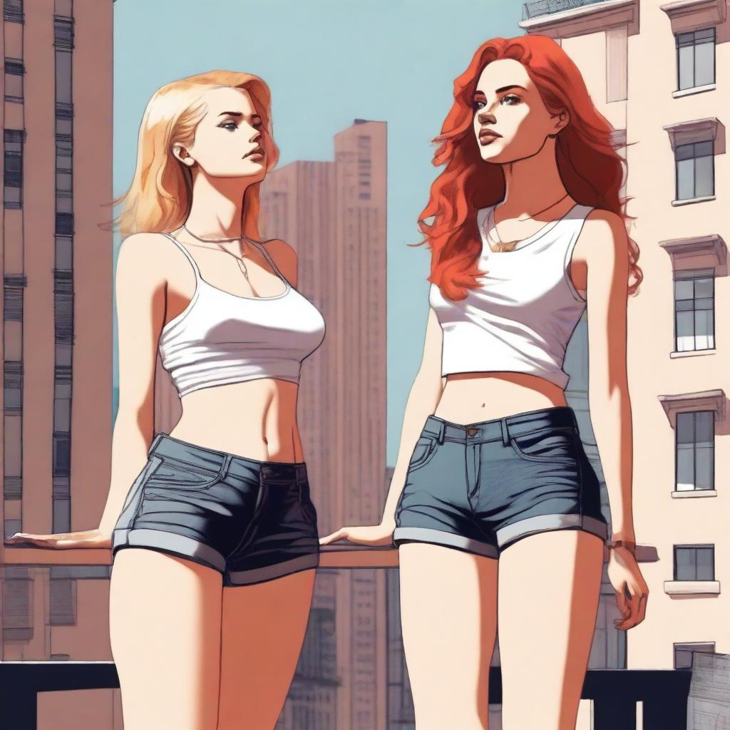 A high-resolution digital art piece showcasing a petite blonde woman in a tie-up crop top, shorts, and necklace standing on a balcony and looking up at a towering red-haired woman in casual wear standing on the ground below