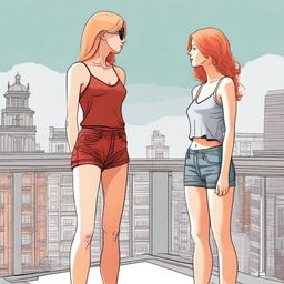 A high-resolution digital art piece showcasing a petite blonde woman in a tie-up crop top, shorts, and necklace standing on a balcony and looking up at a towering red-haired woman in casual wear standing on the ground below