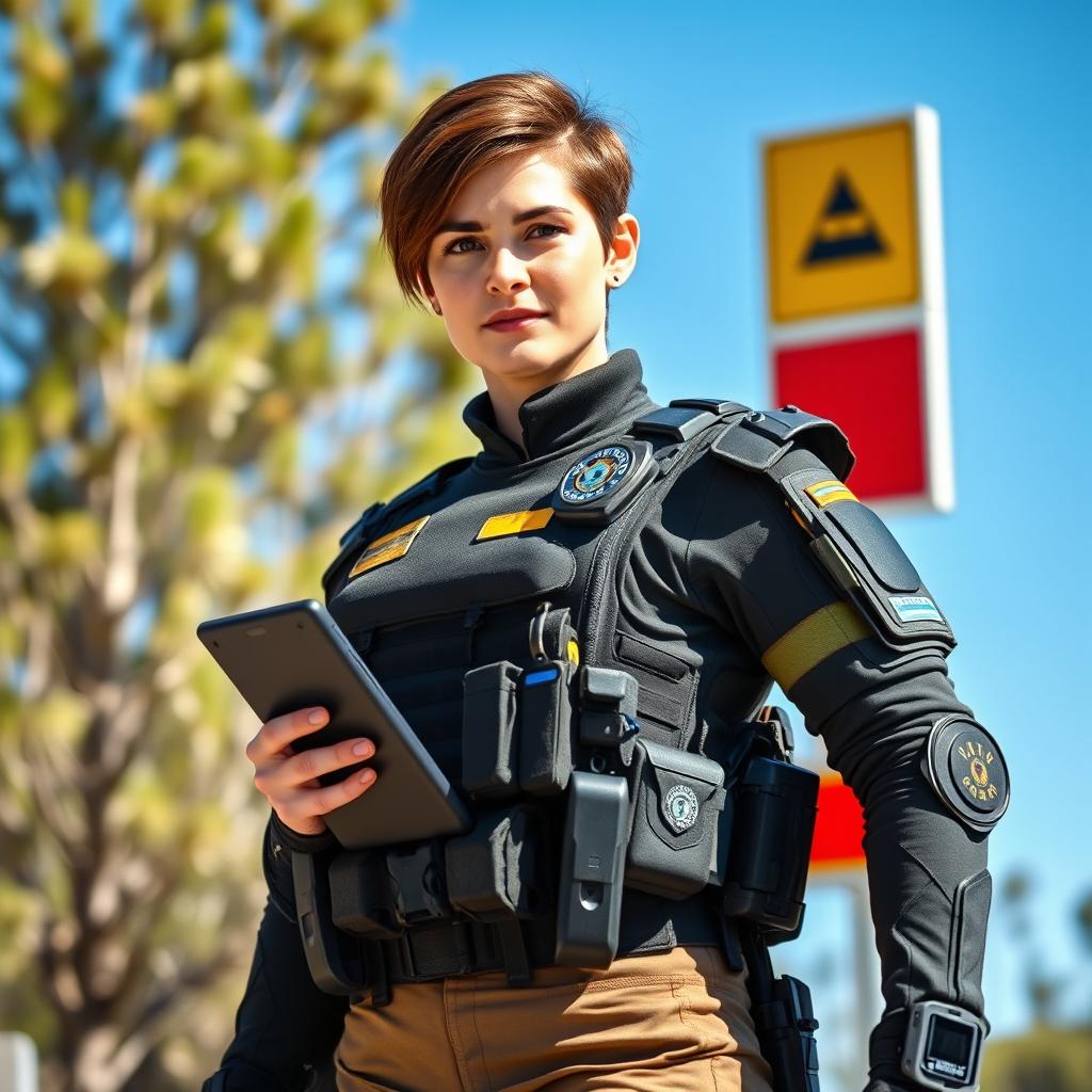 A strong and confident Australian female immigration officer dressed in modern tactical armor