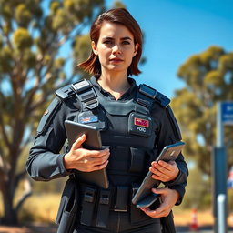 A strong and confident Australian female immigration officer dressed in modern tactical armor