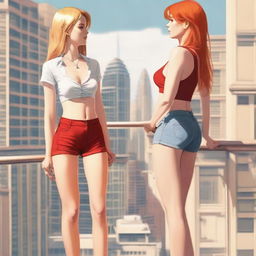 A high-resolution digital art piece showcasing a petite blonde woman in a tie-up crop top, shorts, and necklace standing on a balcony and looking up at a towering red-haired woman in casual wear standing on the ground below