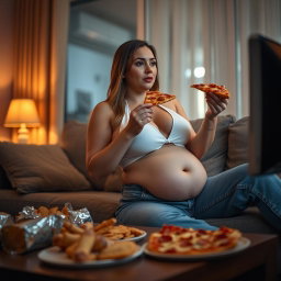 A sexy hourglass-shaped girl with a fleshy little round pot belly gently spilling out of unzipped jeans and a stylish white halter bra, comfortably seated on a cozy couch