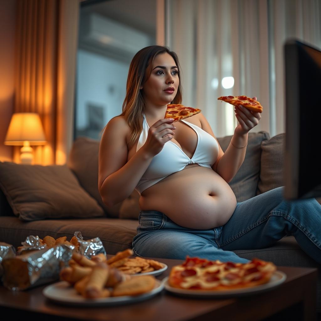 A sexy hourglass-shaped girl with a fleshy little round pot belly gently spilling out of unzipped jeans and a stylish white halter bra, comfortably seated on a cozy couch