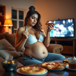 A sexy hourglass-shaped girl with a fleshy little round pot belly gently spilling out of unzipped jeans and a stylish white halter bra, comfortably seated on a cozy couch