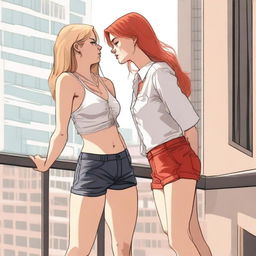 A high-resolution digital art piece showcasing a petite blonde woman in a tie-up crop top, shorts, and necklace standing on a balcony and looking up at a towering red-haired woman in casual wear standing on the ground below