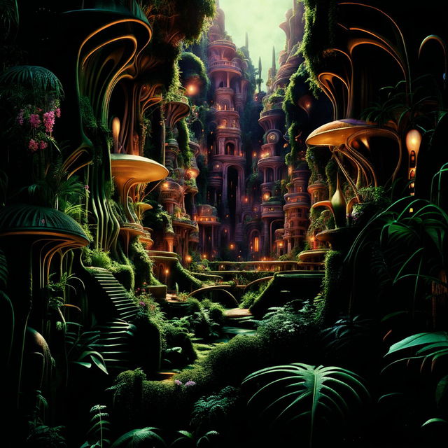 This revised image is a more magnificent and realistic representation of a vibrant ancient alien city in an overgrown jungle