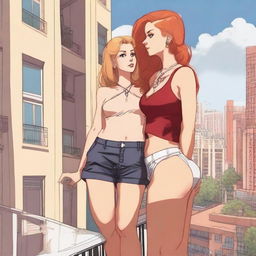 A high-resolution digital art piece showcasing a petite blonde woman in a tie-up crop top, shorts, and necklace standing on a balcony and looking up at a towering red-haired giantess in casual wear standing on the ground several floors below