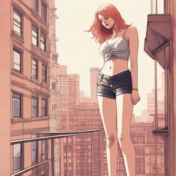 A high-resolution digital art piece showcasing a petite blonde woman in a tie-up crop top, shorts, and necklace standing on a balcony and looking up at a towering red-haired giantess in casual wear standing on the ground several floors below