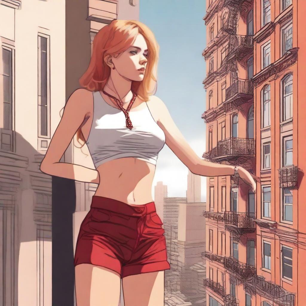 A high-resolution digital art piece showcasing a petite blonde woman in a tie-up crop top, shorts, and necklace standing on a balcony and looking up at a towering red-haired giantess in casual wear standing on the ground several floors below