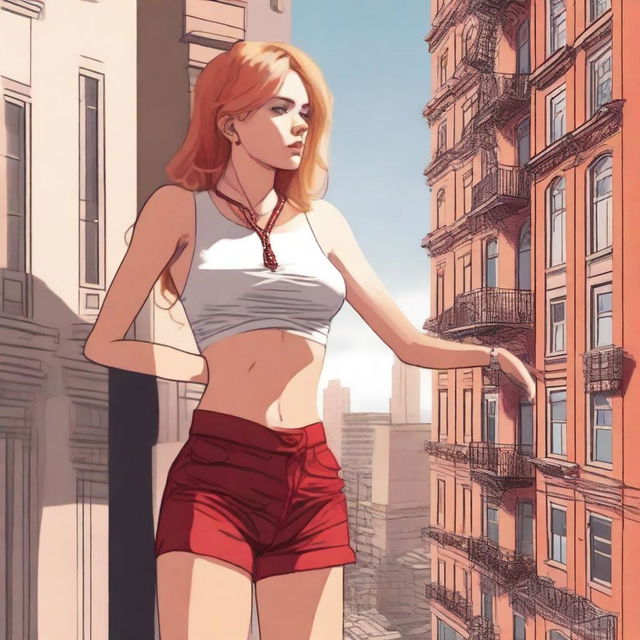 A high-resolution digital art piece showcasing a petite blonde woman in a tie-up crop top, shorts, and necklace standing on a balcony and looking up at a towering red-haired giantess in casual wear standing on the ground several floors below